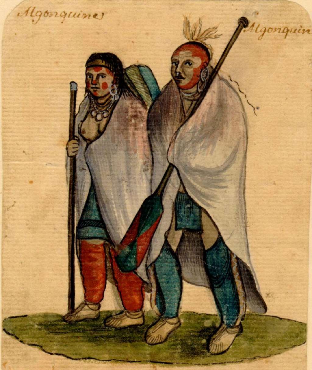 Couple d'indiens algonquins, vers 1750. Archives de la ville de Montréal. © Centre d'Histoire de Montréal.