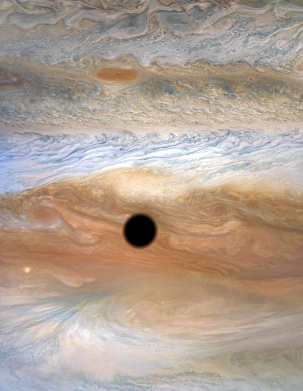 Le spectacle magnifique d'une éclipse de soleil sur Jupiter. © Nasa, JPL-Caltech, SwRI, MSSS, Kevin M. Gill