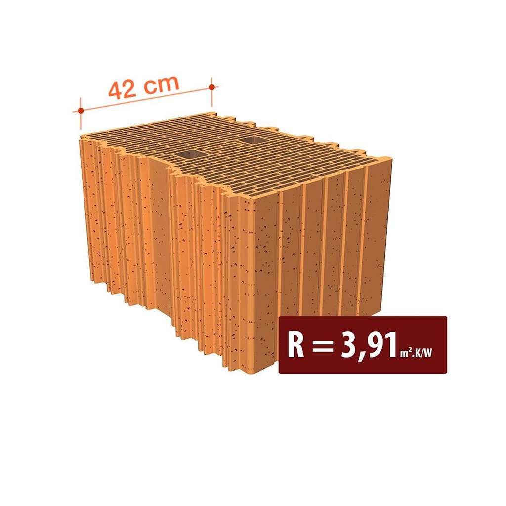 La brique « Porotherm » se distingue par la finesse et la disposition de ses alvéoles. Une fois maçonnée, grâce à l'air enfermé, elle offre en 42 centimètres d'épaisseur une résistance R supérieure à la valeur minimale réglementaire. © Wienerberger