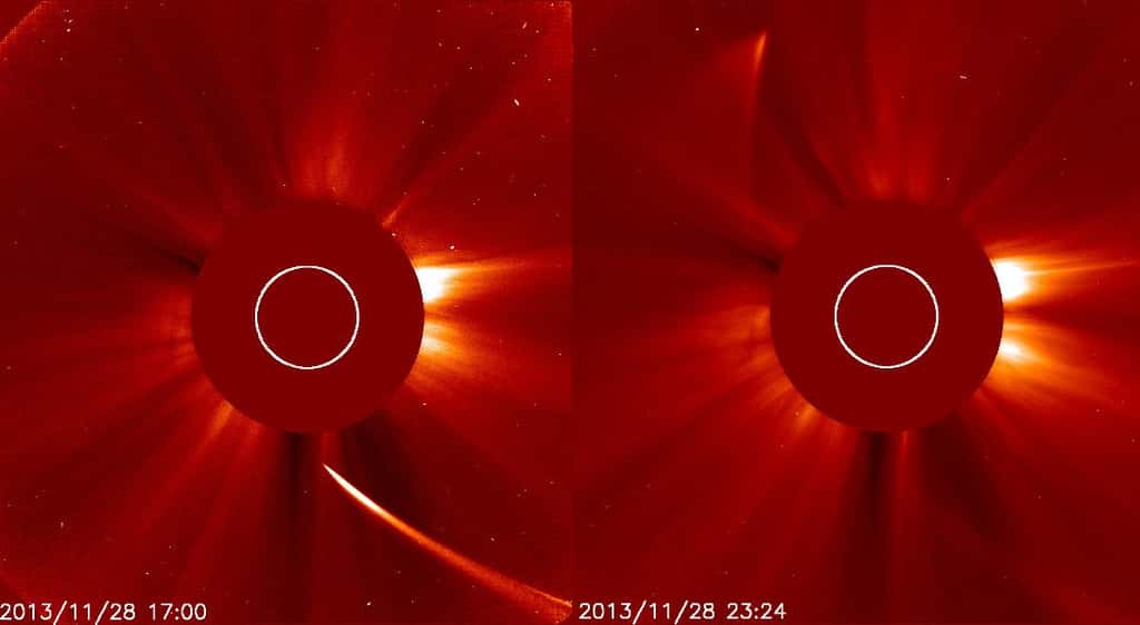 La comète Ison vue par Soho durant son approche du Soleil, à gauche le 28 novembre à 17 h 00 TU (18 h 00 en France) et, à droite, pendant sa disparition derrière le disque protecteur du coronographe Lasco (le Soleil se trouve à la position indiquée par le cercle blanc). © Nasa, Soho
