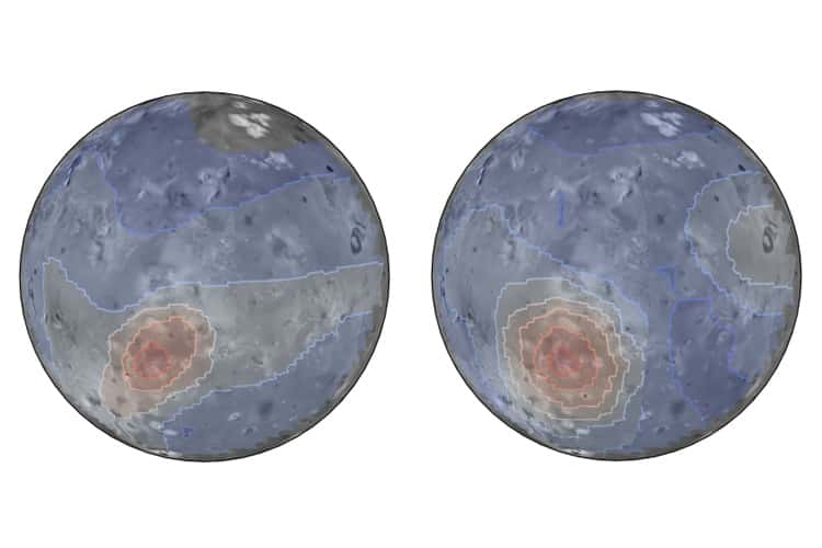 Des mesures du JWST obtenues en novembre 2022 superposées sur une carte de la surface d'Io. Les mesures infrarouges thermiques (à droite) montrent un éclaircissement de <em>Kanekehili Fluctus</em>, une zone volcanique étendue et, pendant la période d'observation, très active sur Io. Les mesures spectrales (à gauche) montrent les émissions infrarouges interdites du monoxyde de soufre centrées sur la zone volcanique. La coïncidence confirme une théorie selon laquelle le SO est produit dans les évents volcaniques et, dans l'atmosphère très mince d'Io, reste assez longtemps pour émettre des raies interdites qui seraient normalement supprimées par des collisions avec d'autres molécules dans l'atmosphère. © Chris Moeckel et Imke de Pater, UC Berkeley ; carte Io avec l'aimable autorisation de l'USGS