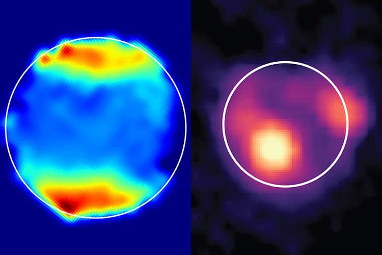 Une carte spectroscopique de Ganymède (à gauche) dérivée des mesures JWST montre l'absorption de la lumière autour des pôles caractéristiques par la molécule de peroxyde d'hydrogène. Une image infrarouge JWST de Io (à droite) montre des éruptions volcaniques chaudes à <em>Kanehekili Fluctus</em> (au centre) et à <em>Loki Patera</em> (à droite). Les cercles dessinent les surfaces des deux lunes. © Ganymède : Samantha Trumbo, Cornell ; Io : Imke de Pater, UC Berkeley