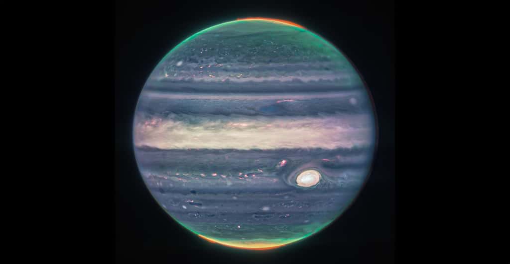 Dernièrement, Judy Schmidt a réalisé deux splendides images de Jupiter sur la base des données acquises par le télescope spatial James-Webb (JWST). Voici la première. © Nasa, ESA, CSA, Jupiter ERS Team; traitement d'image par Judy Schmidt