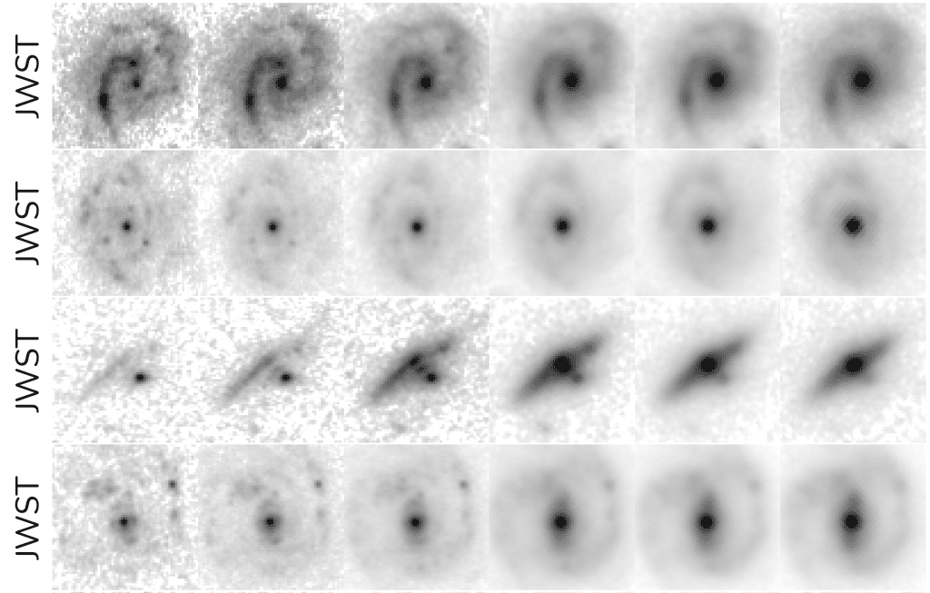 Ces images du JWST montrent des galaxies semblables à la Voie lactée récemment découvertes vues dans l'univers primitif. Chaque ligne montre une galaxie différente observée dans les différentes longueurs d'ondes infrarouges où le JWST prend des données d'imagerie. © L. Ferreira, C. Conselice