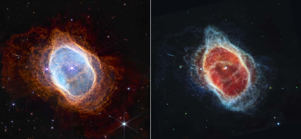 La nébuleuse de l’anneau austral (NGC 3132), observée par deux instruments. À gauche, l'image a été réalisée par NIRCam tandis que celle de droite par Miri. © Nasa, ESA, CSA, STScI, et <em>the Webb ERO Production Team</em>