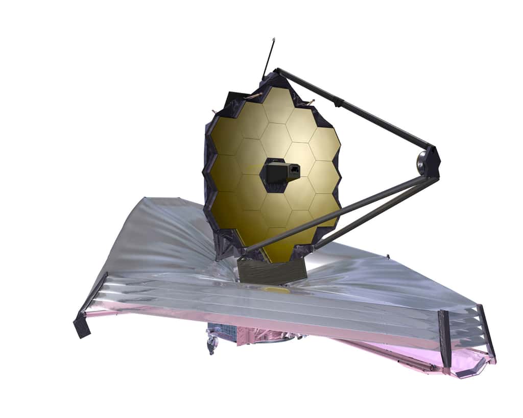 L'observatoire James Webb comprend deux zones. Une partie chaude exposée au rayonnement en provenance du Soleil, de la Terre et de la Lune (le télescope de 6,5 mètres de diamètre) ; et une froide où se trouvent les instruments scientifiques. © Nasa