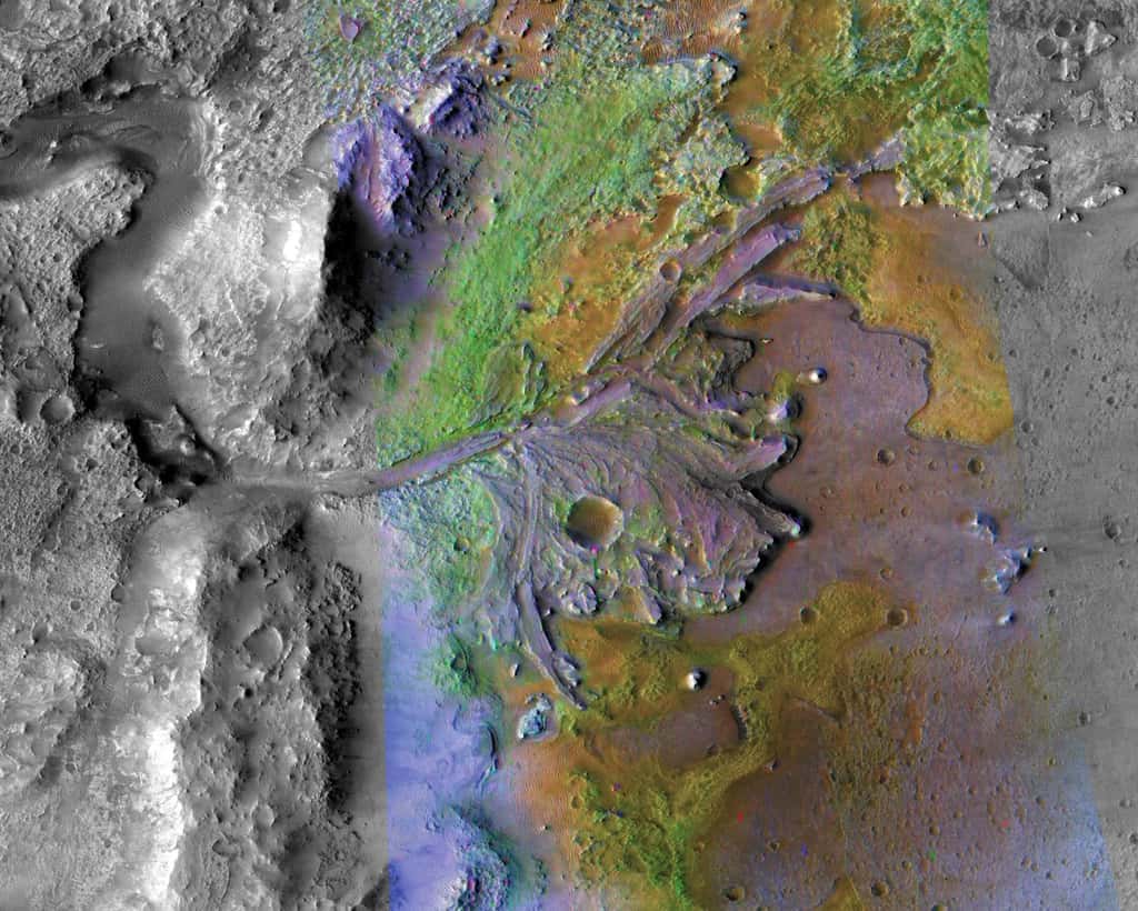 Le cratère Jezero, dont on peut voir les traces d'un ancien delta et lac, sera le site d'atterrissage du rover Mars 2020. © Nasa, JPL-Caltech, MSSS, JHU-AP