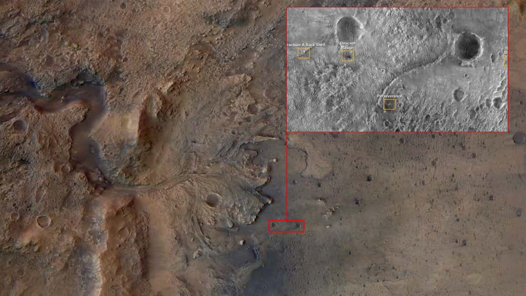 Le cratère Jezero, vu par la sonde Mars Express de l'Agence spatiale européenne et la localisation des différents éléments du rover Perseverance sur une carte acquise par la sonde Mars Reconnaissance Orbiter de la Nasa. On voit bien ici la morphologie du delta sédimentaire © ESA, DLR, FU-Berlin et Nasa-JPL
