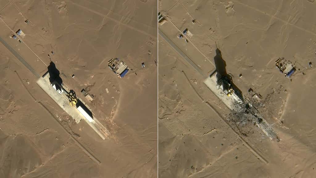 Ces deux images ont été acquises par un satellite Pléaides d'Airbus. Elles montrent clairement un « avant-après » l'explosion qui a tout de même été assez violente. L'image de gauche a été acquise le 10 octobre 2021, et celle de droite le 18 novembre. © Cnes 2021, distribution Airbus DS