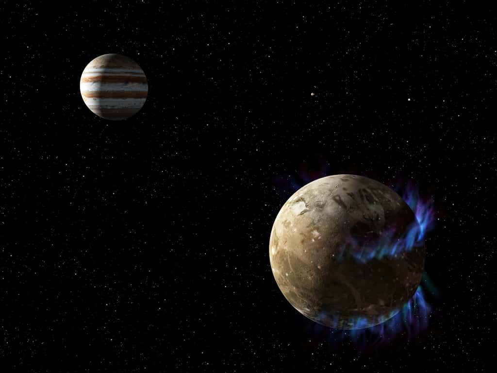 Une vue d'artiste de Ganymède et Jupiter (les couleurs ne sont pas correctes pour les aurores, elles sont plutôt rouges). Le télescope spatial Hubble avait déjà observé des aurores sur la lune générées par les champs magnétiques de Ganymède. Un océan salin sous la croûte glacée de cette lune explique le mieux le déplacement des ceintures aurorales mesurées par Hubble. Le télescope a fourni la meilleure preuve à ce jour de l'existence d'un océan souterrain d'eau salée sur Ganymède, la plus grande lune de Jupiter. On pense qu'il contient plus d'eau que toute l'eau à la surface de la Terre. © Nasa, ESA