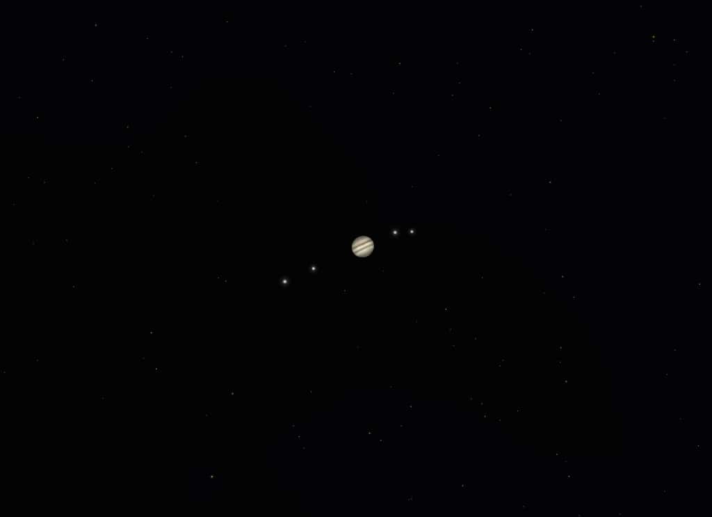 Jupiter et ses satellites galiléens tels que vous pourrez les voir ce soir dans une paire de jumelles. Les deux lunes à gauche sont Europe et Ganymède (la plus éloignée) et celles de droite, Io et Callisto (la plus éloignée). © SkySafari