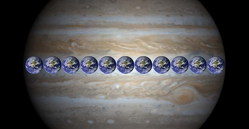 La Terre pourrait être alignée 11 fois sur le diamètre de Jupiter. © Nasa