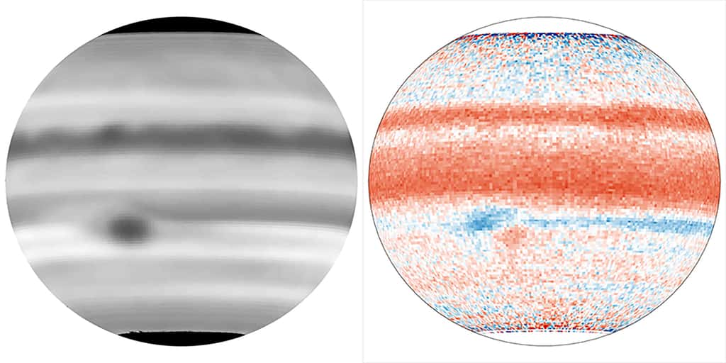 Image reconstruite et carte de vitesse zonale de Jupiter dérivée des données obtenues avec Jovial/Jive à Sunspot, NM. Les couleurs rouges et bleues indiquent les vents vers l'est et vers l'ouest, respectivement. Les cartes sont construites en empilant douze nuits de données prises entre le 4 et le 31 mai 2018. Les données proches des pôles de Jupiter étaient trop bruitées pour être incluses dans les cartes moyennées. L'image de Jupiter est due à l'astronome amateur Damian Peach et a été fournie gracieusement par Peter Rosén qui en a assuré le traitement. © <em>Jovial Science Team</em>