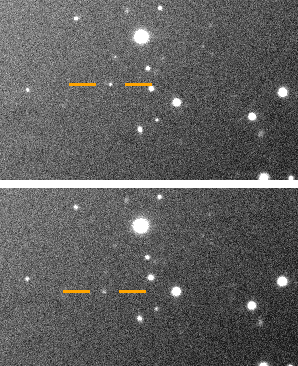 Comme on peut le voir sur les deux images, la petite lune Valetudo (c’est son nom provisoire), se déplace par rapport aux étoiles « fixes » à l’arrière-plan. Jupiter est hors-champ, en haut à gauche. © Carnegie Science 