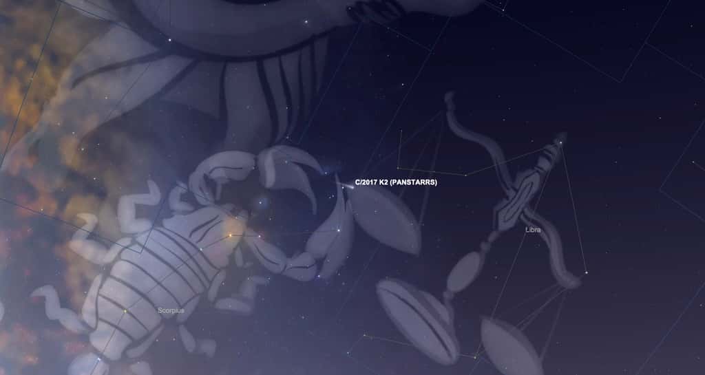 Les 21 et 22 août, la comète K2 frôle l'étoile Graffias qui forme une des pinces du Scorpion. © SkySafari