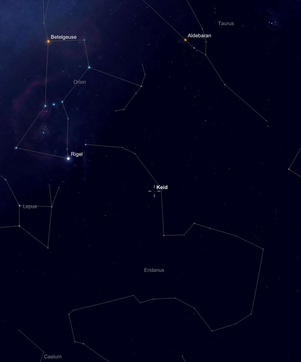 40 Eridanus A est une des trois étoiles du système triple 40 Eridanus — ou Keid — visible à l’œil nu au sein de la constellation du fleuve <a href="//www.futura-sciences.com/sciences/questions-reponses/astronomie-sont-cinq-plus-grandes-constellations-6441/" title="Quelles sont les cinq plus grandes constellations ?">Éridan</a> (<em>Eridanus</em>), en dessous du Taureau (<em>Taurus</em>) et à l’ouest du Lièvre (<em>Lepus</em>) et de Rigel, le pied d’Orion. © SkySafari