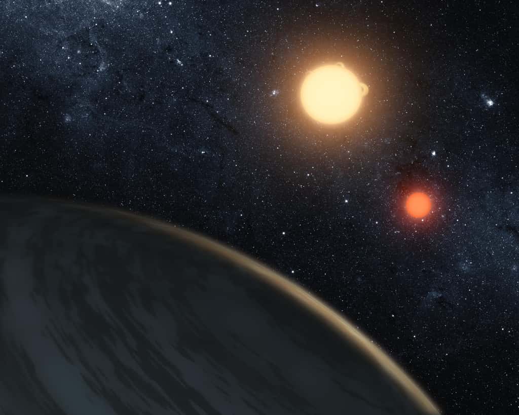 Illustration de Kepler-16b, première planète découverte gravitant autour de deux étoiles — ou exoplanète circumbinaire. © Nasa, JPL-Caltech, T. Pyle