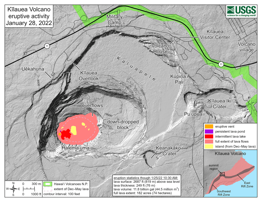 Carte de l'éruption du Kilauea le 28 janvier 2022, avec le cratère au fond plat (laves récentes - en rose), le lave actif de manière intermittente (en rouge) et les évents (en orange et violet). © <em>U.S. Geological Survey</em>