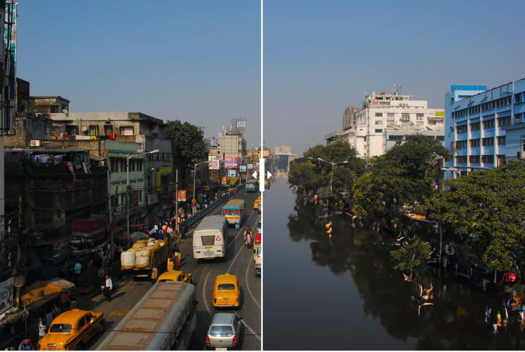 Projection pour la ville de Kolkata, en Inde. Visualisez les projections de sites touristiques emblématiques sur <a href="https://www.discovercars.com/blog/climate-change-road-trips" target="_blank">Discoverscars.com</a> © Discovercars