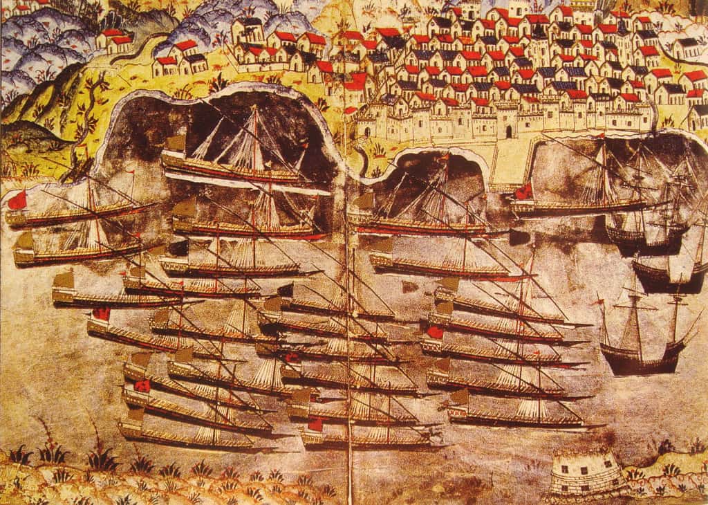 La flotte de Barberousse hiverne dans le port de Toulon en 1543, par M. Nasuh, XVIe siècle. © Wikimedia Commons, domaine public.