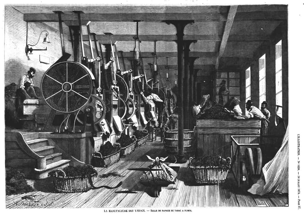 "La manufacture des tabacs", salle de râpage du tabac à fumer ; par A. Taillandier dans le journal <em>L'Illustration</em>, n° 1638, 1874. © Qcmtest - éducation et formation.