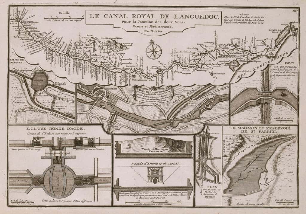 Carte "Le canal royal de Languedoc pour la jonction des deux mers, Océan et Méditerranée", par Nicolas de Fer en 1716. Château de Versailles. © RMN - Grand Palais / Gérard Blot.