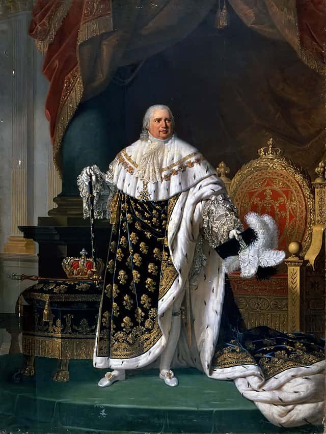 Portrait de Louis XVIII en robe de sacre par Robert Lefèvre. © <em>Wikimedia Commons. </em>Domaine Public