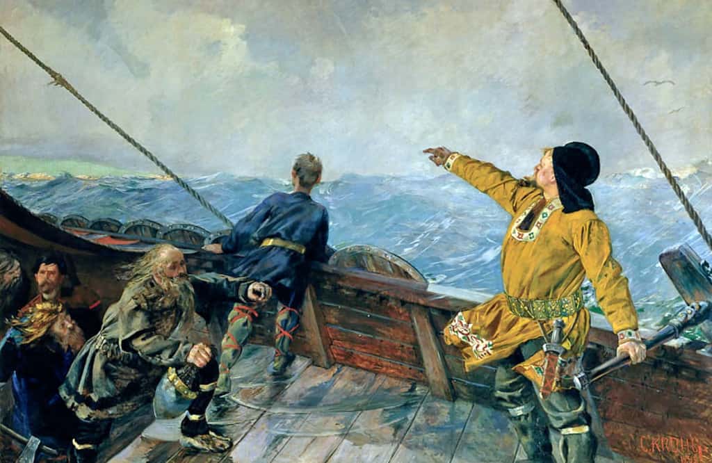 Tableau : Leif Eriksson découvre l'Amérique, par Christian Krohg en 1893. National Gallery, Oslo, Norvège. © Wikimedia Commons, domaine public.