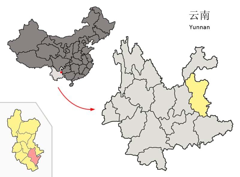 La région de Luoping (en rose), où ont été trouvés les restes d’un reptile atypique, se trouve dans le sud de la Chine (représentée en haut à gauche), dans la province du Yunnan (ici en gris clair). En jaune, la préfecture de Qujing. © Croquant, Wikimedia Commons, cc by sa 3.0