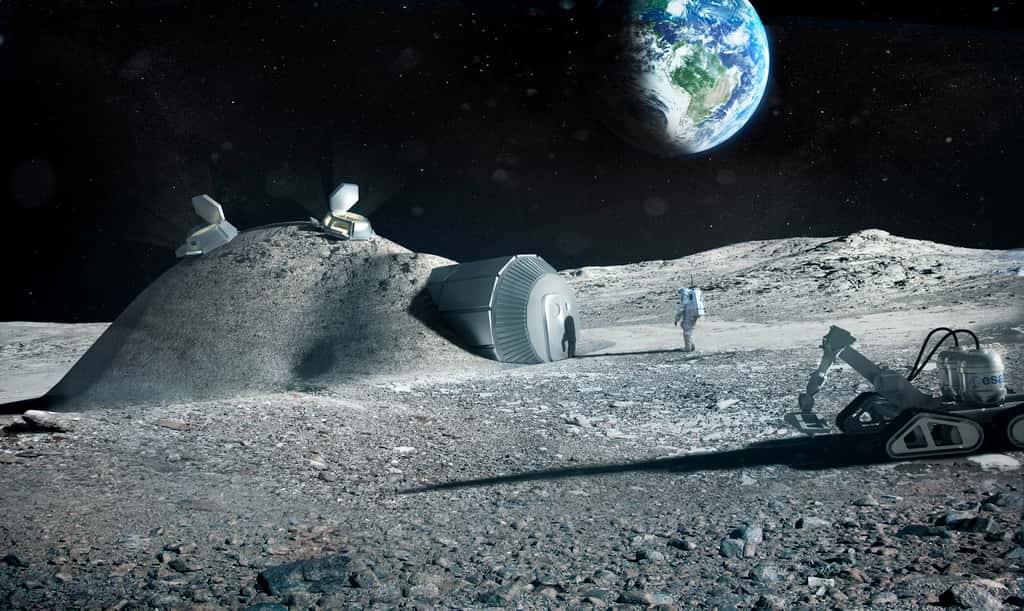 Projet de base lunaire conçue par impression 3D à partir des matériaux présents à la surface de la Lune. © ESA, Foster + Partners