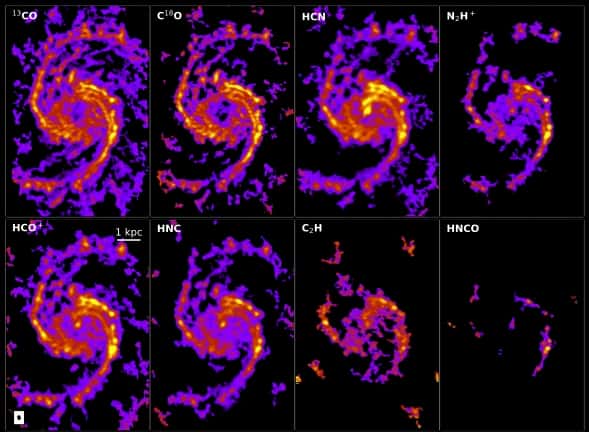 La galaxie Tourbillon vue dans de nombreux traceurs différents (dont HCN et N<sub>2</sub>H<sup>+</sup>) observés simultanément par Noema. Les variations d'émission des différents traceurs de chaque pixel renseignent les astronomes sur les conditions locales en jeu dans la formation des étoiles. © Iram