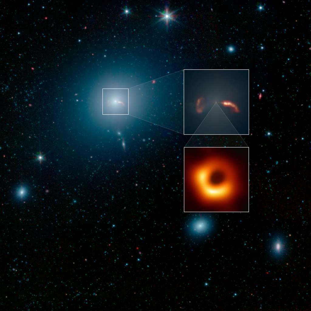 Vue d’ensemble de M87 et de ses voisines. Image capturée dans l’infrarouge par Spitzer. Du centre de la galaxie elliptique, jaillissent deux jets de particules opposés (en rouge et orange) que l’on peut voir agrandis dans l’encadré du haut à droite. L’encadré en dessous nous présente, quant à lui, M87*, le trou noir supermassif à l'origine de ces jets, et le premier de l’histoire à être photographié. © Nasa, JPL-Caltech, IPAC, <em>Event Horizon</em>