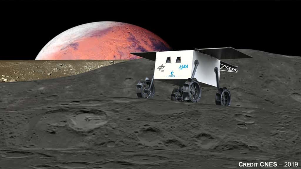 Concept provisoire du rover de la mission japonaise MMX à destination de Phobos, le plus gros des deux satellites de Mars. Ce rover sera réalisé par le Cnes et le DLR. © Cnes