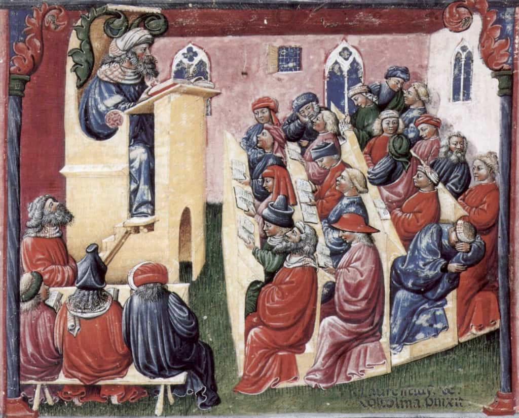 Maîtres et étudiants à Bologne, par Laurentius de Voltolina après 1350. Musée de peintures et dessins, Berlin. © <em>Wikimedia Commons</em>, domaine public