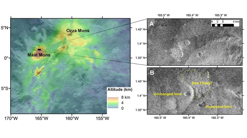 Les données d'altitude pour la région de Maat et Ozza Mons sur la surface de Vénus sont présentées à gauche, avec la zone d'étude indiquée par la boîte noire. À droite, les observations avant (A) et après (B) de Magellan de l'évent élargi sur Maat Mons, avec la possible mise en place d'une coulée de lave. © Robert Herrick/UAF