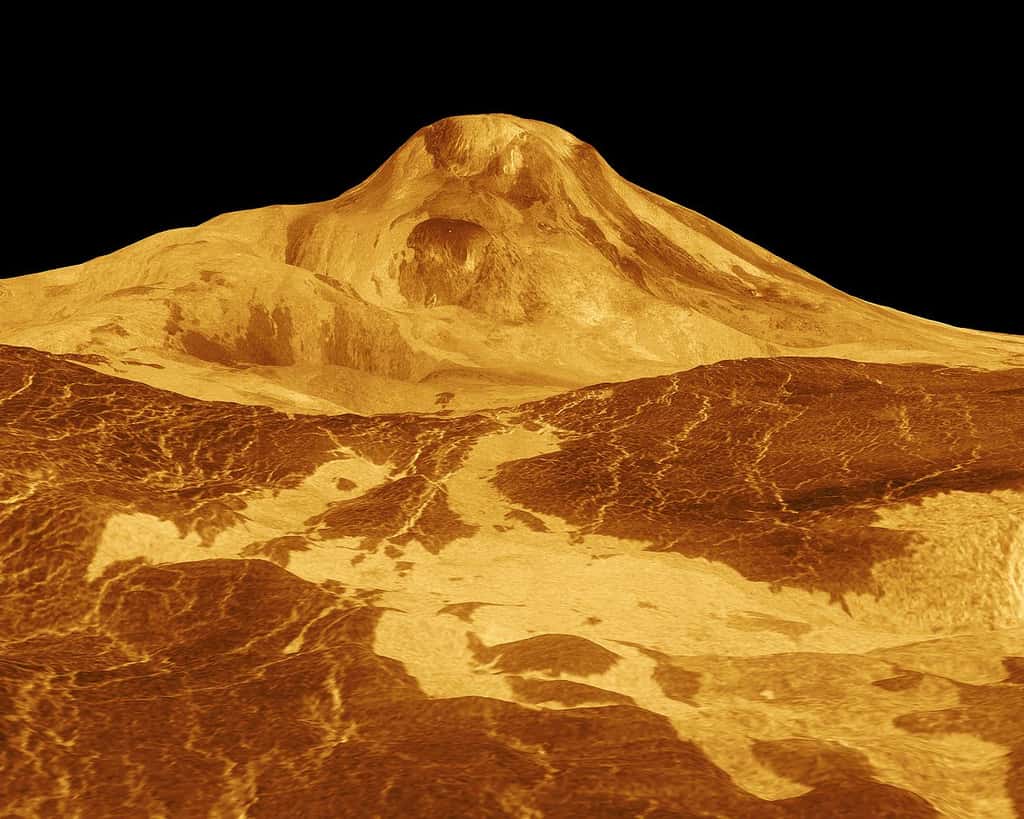 Reconstitution en trois dimensions du Maat Mons à partir des données radar et altimétriques de la sonde Magellan. L'amplitude des reliefs est exagérée 22,5 fois. © Nasa