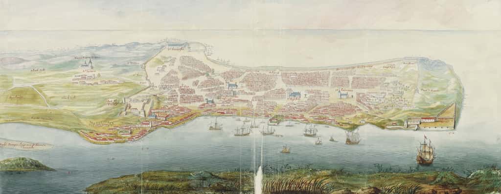 Aquarelle représentant la ville et port de Macao vers 1665, par Johannes Vingboons. Archives nationales des Pays-Bas, La Haye. © <em>Wikimedia Commons</em>, domaine public