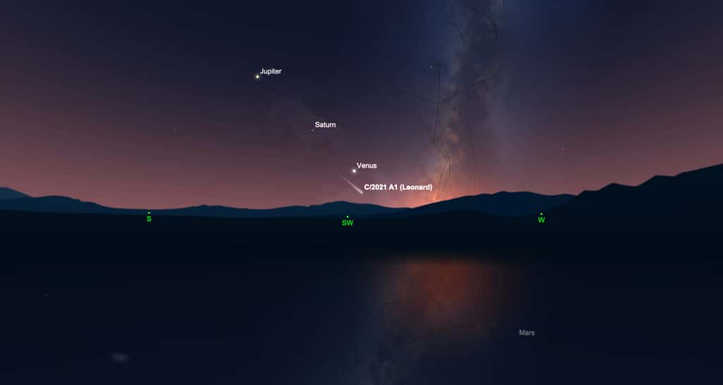 La comète Leonard sera visible près de Vénus le 17 décembre, au crépuscule. © SkySafari