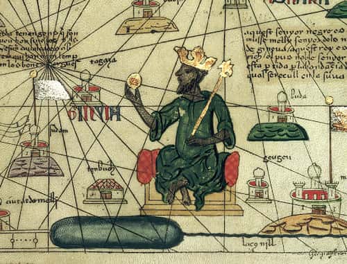 Représentation de Mansa Musa, souverain de l'Empire du Mali au XIVe siècle, tirée d'un atlas catalan du monde connu (mapamundi) de 1375, dessiné par Abraham Cresques de Majorque. © Wikimédia Commons, domaine public
