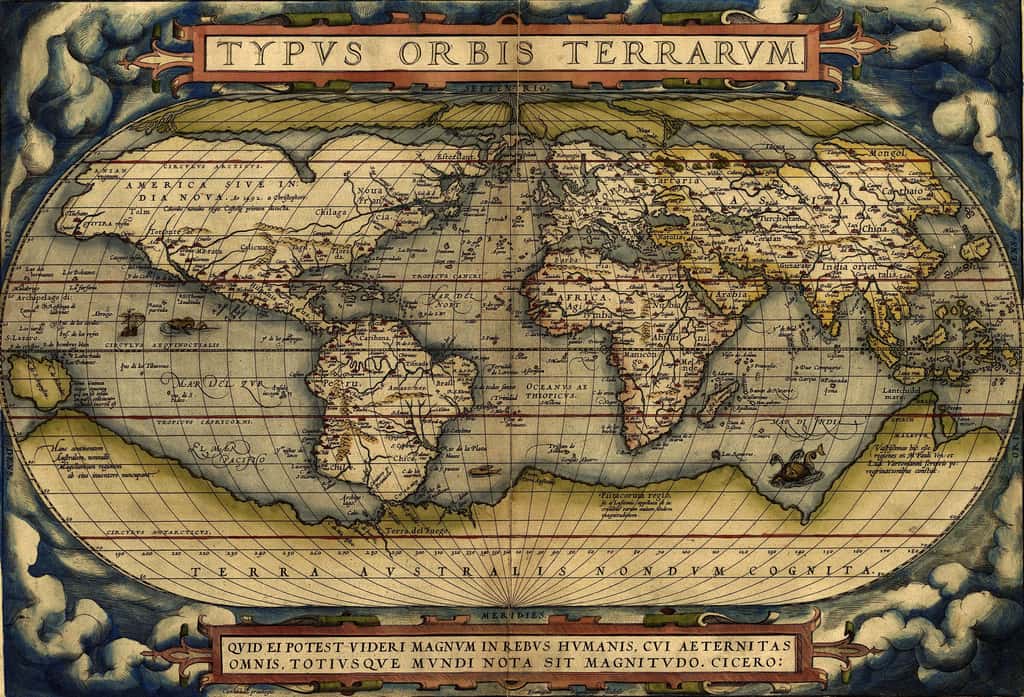 Mappemonde d'Ortelius datée de 1570 : on visualise l'énorme masse continentale supposée de la « Terra Australis » (Antarctique et Australie réunis). © Wikimedia Commons, domaine public.