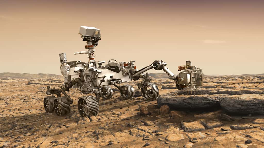 Illustration de Mars 2020 en train de travailler à la surface de Mars. Où se posera le rover ? Les trois sites finalistes sont Columbia Hills, Gusev (la région où a prospecté Spirit), cratère Jezero, NE Syrtis. © Nasa, JPL-Caltech