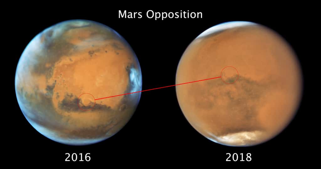 À droite, dernier portrait de Mars par Hubble à l'occasion de l'opposition de 2018. Par comparaison avec l'opposition de 2016, bien des détails sont estompés par la tempête globale de poussière qui s'est levée fin mai. © Nasa, ESA, STScI 