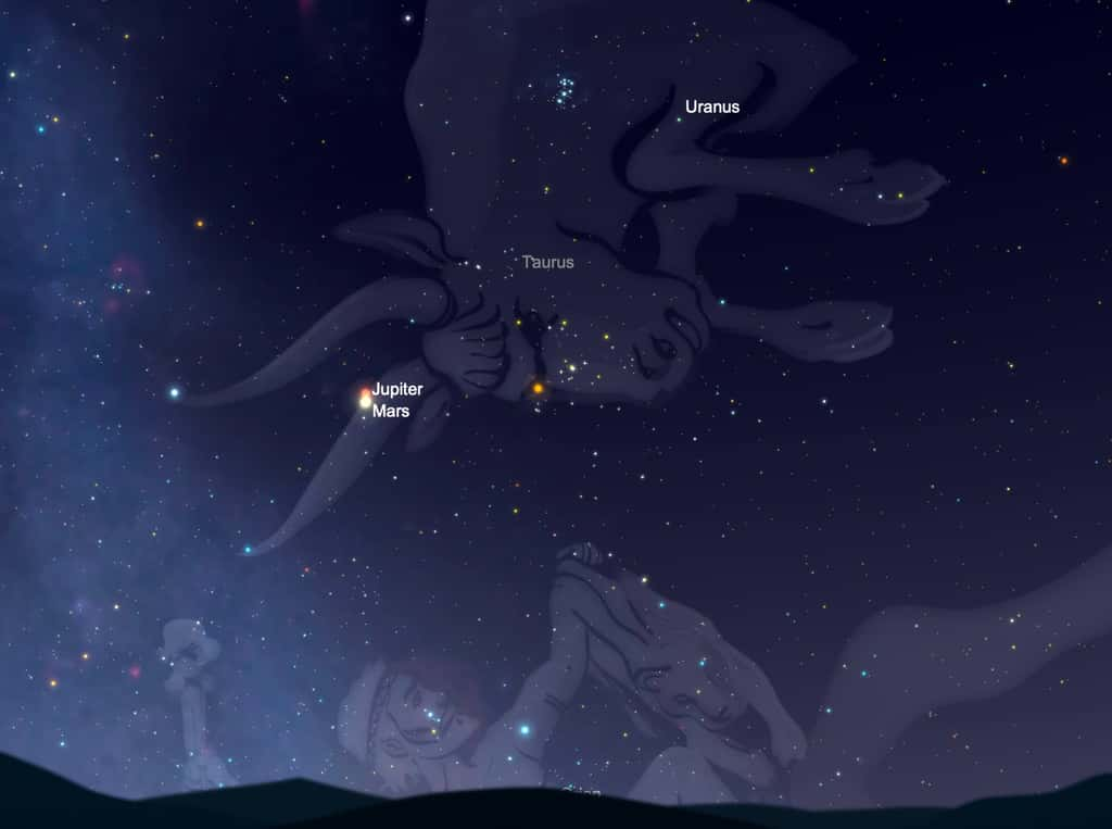 Mars et Jupiter sont visibles en août dans la constellation du Taureau entre Aldebaran (l'œil rouge du Taureau) et les deux étoiles qui marquent les extrémités de ses cornes. Orion, qui se lève à l'est en fin de nuit, est à sa poursuite. © SkySafari