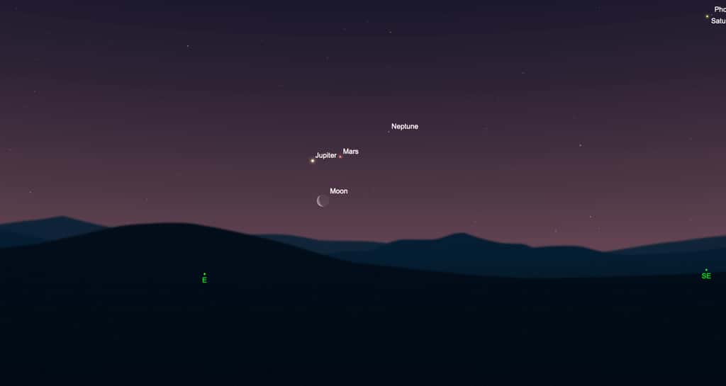 Mars Jupiter et la Lune réunis à l'aube le 25 mai 2022. © SkySafari