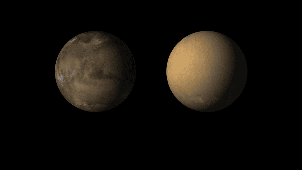 À gauche, Mars en mai et à droite, Mars en juillet. Les images sont de la sonde MRO (<em>Mars Reconnaissance Orbiter</em>). © Nasa, JPL-Caltech, MSSS
