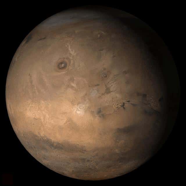 La région de Tharsis sur Mars. Photo prise par la sonde MGS (<em>Mars Global Surveyor</em>) en 2006. © Nasa, JPL, Malin Space Science Systems