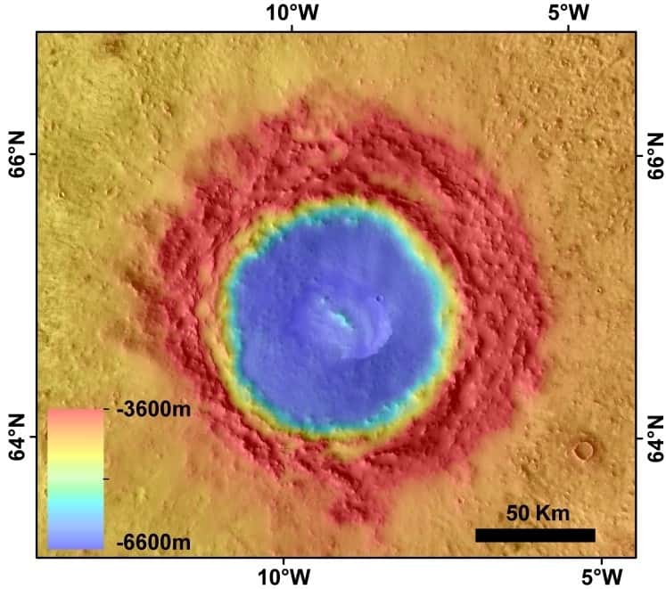 Le cratère Lomonosov de 120 kilomètres de diamètre. Données altitudinales de l’instrument Mola (<em>Mars Orbiter Laser Altimeter</em>). © Nasa, JPL, USGS
