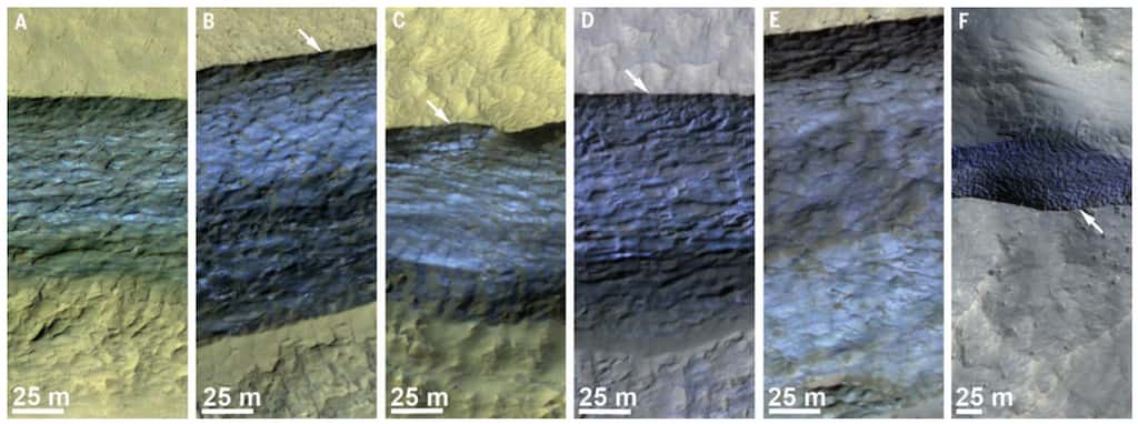 D’autres falaises observées par MRO où les empilements de glace sont visibles. © Nasa, JPL-Caltech, UA, USGS, Colin M. Dundas <em>et al.</em>