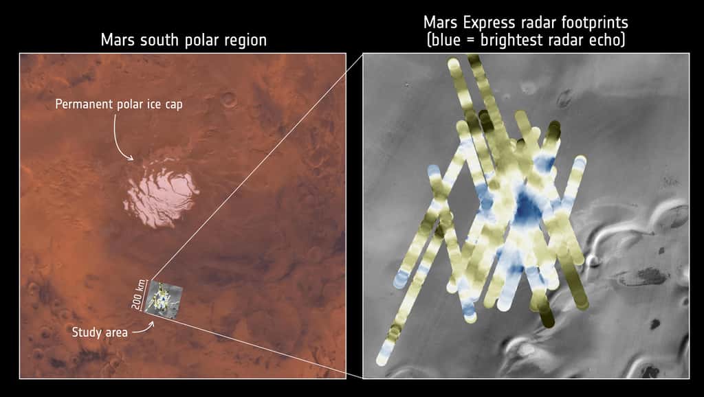Localisation du réservoir d’eau liquide détecté sous la surface par Mars Express. © Nasa, Viking, Themis, ESA, Nasa, JPL, ASI, Université Rome, R. Orosei <em>et al</em> 2018 