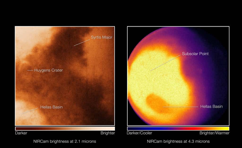 Le télescope James-Webb ébloui par Mars, sa cible la plus proche à ce jour. Les reliefs comme le grand bassin d'impact Hellas sont reconnaissable sur l'image capturée par la Nircam. © Nasa, ESA, CSA, STScI, Mars JWST/GTO team